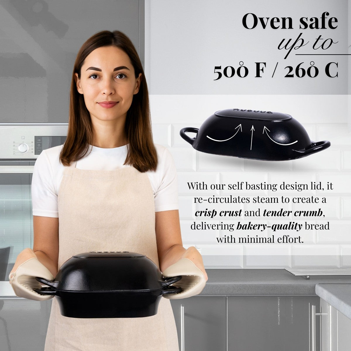 Nuovva oven safe loaf pan with self basting lid for crisp crust and tender crumbs for bakery quality bread.