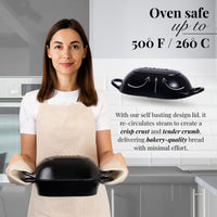 Nuovva oven safe loaf pan with self basting lid for crisp crust and tender crumbs for bakery quality bread.