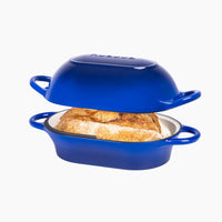 Blue cast iron loaf pan with lid for bread baking