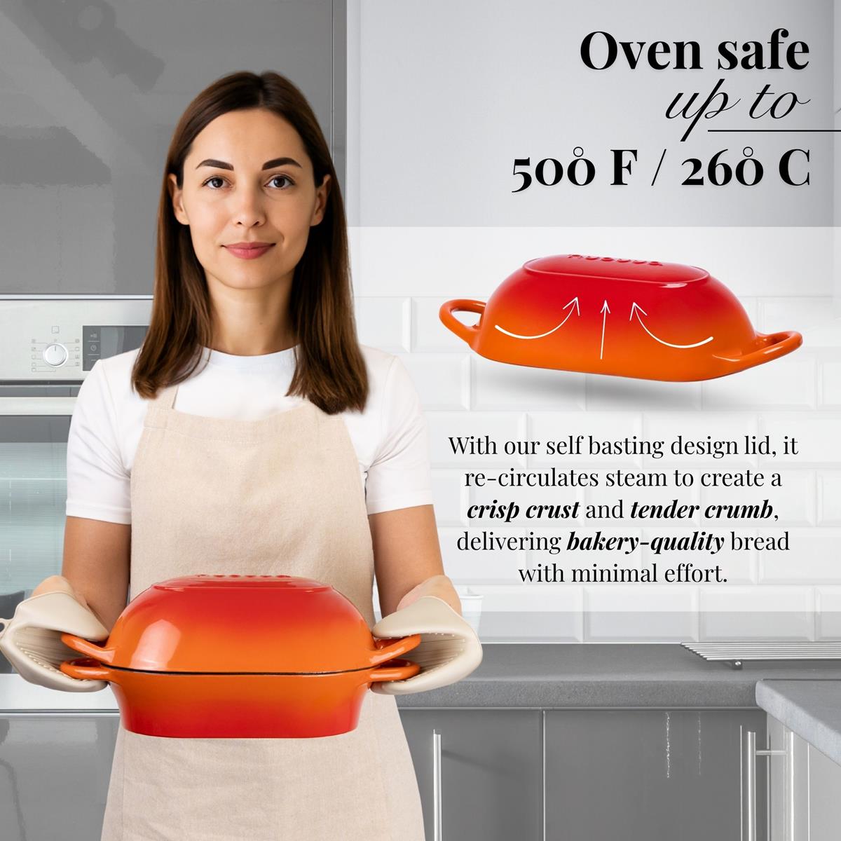 Orange cast iron oven safe cookware with self-basting lid for crisp crust & tender crumb delivery style bread
