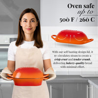 Orange cast iron oven safe cookware with self-basting lid for crisp crust & tender crumb delivery style bread