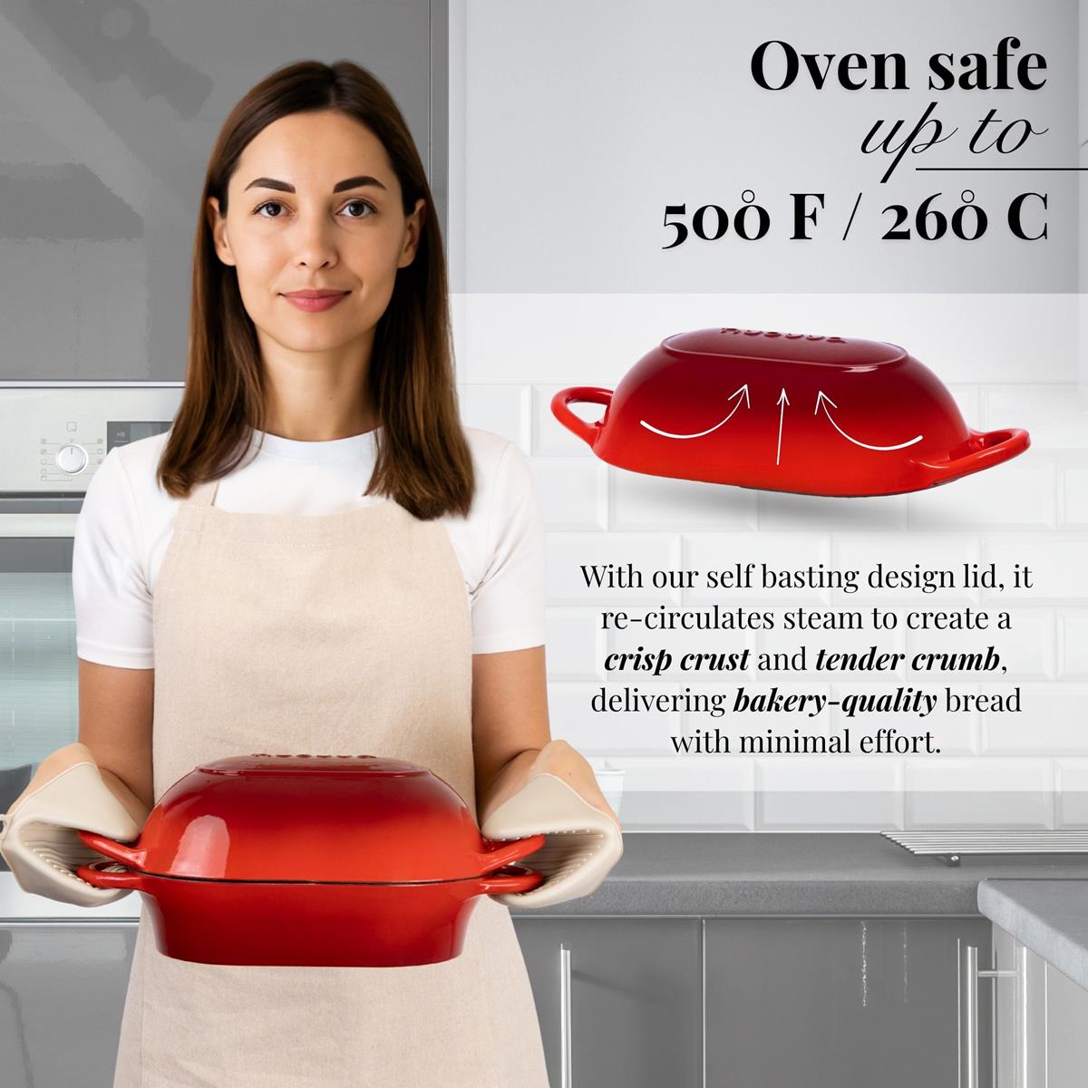 Nuovva red cast iron oven-safe loaf pan with self basting lid design for bakery-quality bread.