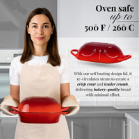 Nuovva red cast iron oven-safe loaf pan with self basting lid design for bakery-quality bread.