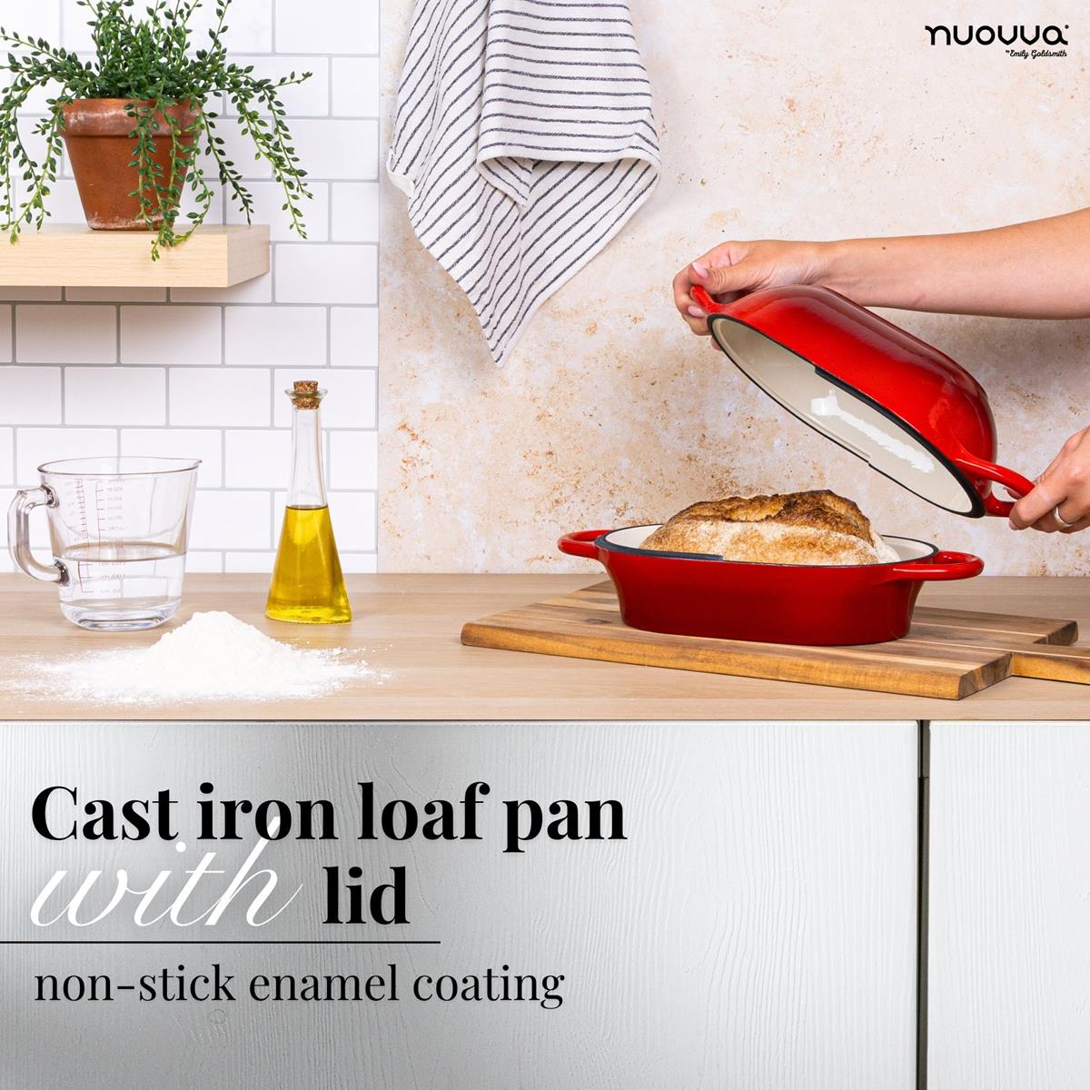 Red non-stick cast iron loaf pan with lid and enamel coating.