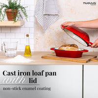 Red non-stick cast iron loaf pan with lid and enamel coating.