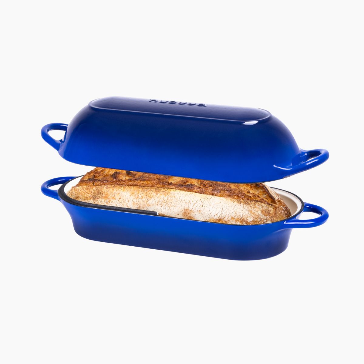 Blue cast iron bread loaf pan with lid - non-stick cookware.
