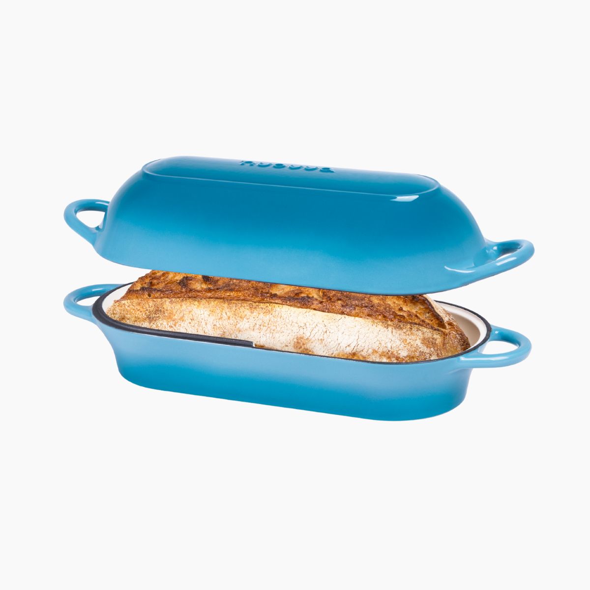 Blue cast iron bread loaf pan with ceramic non-stick coating.