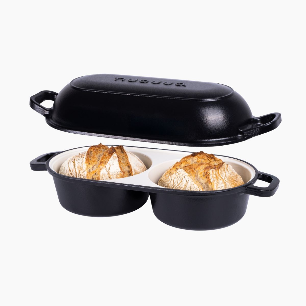 Nuovva black cast iron bread loaf pan with 2 compartments for home baking.