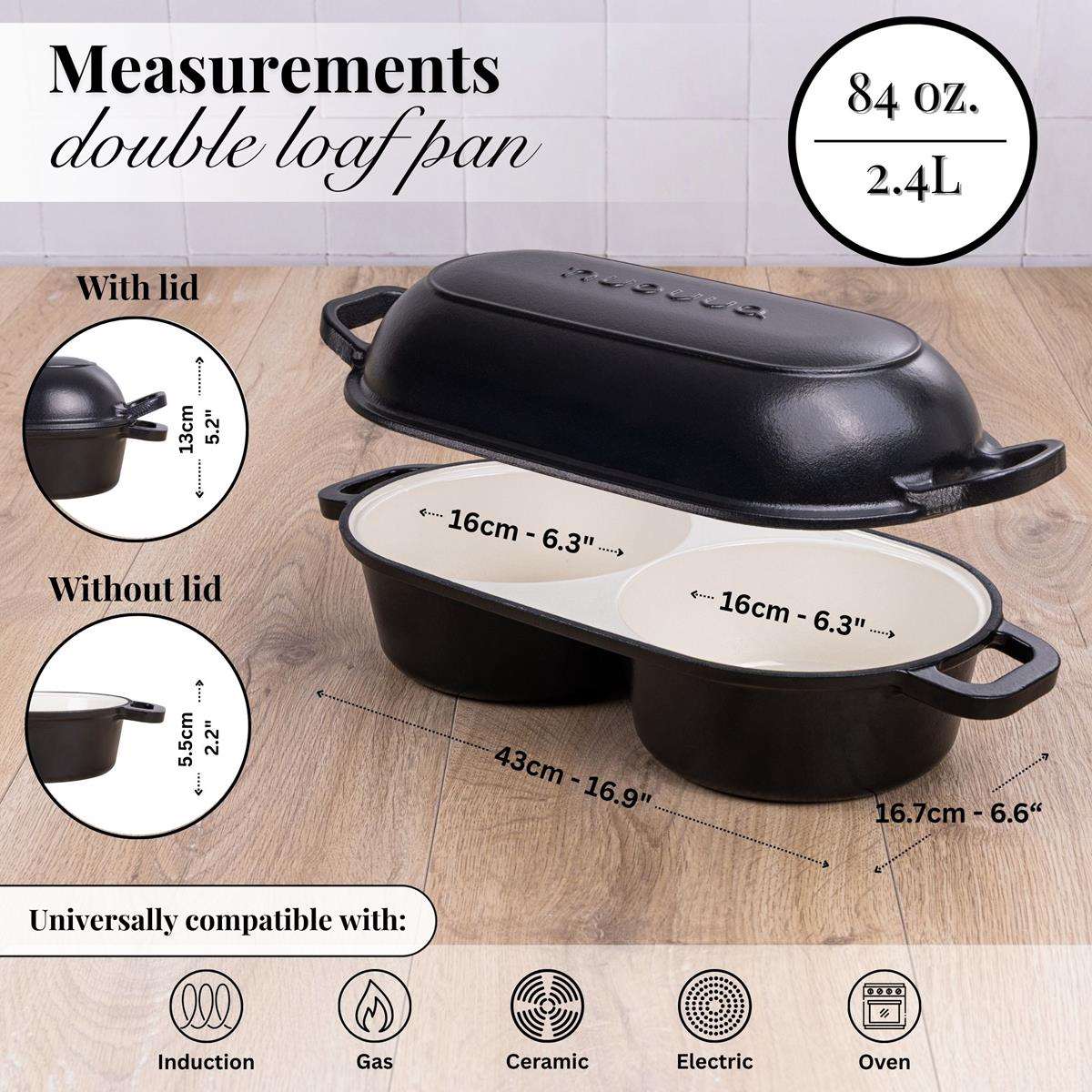 Nuovva cast iron double loaf pan with measurements, Dutch oven universally compatible with all stove types