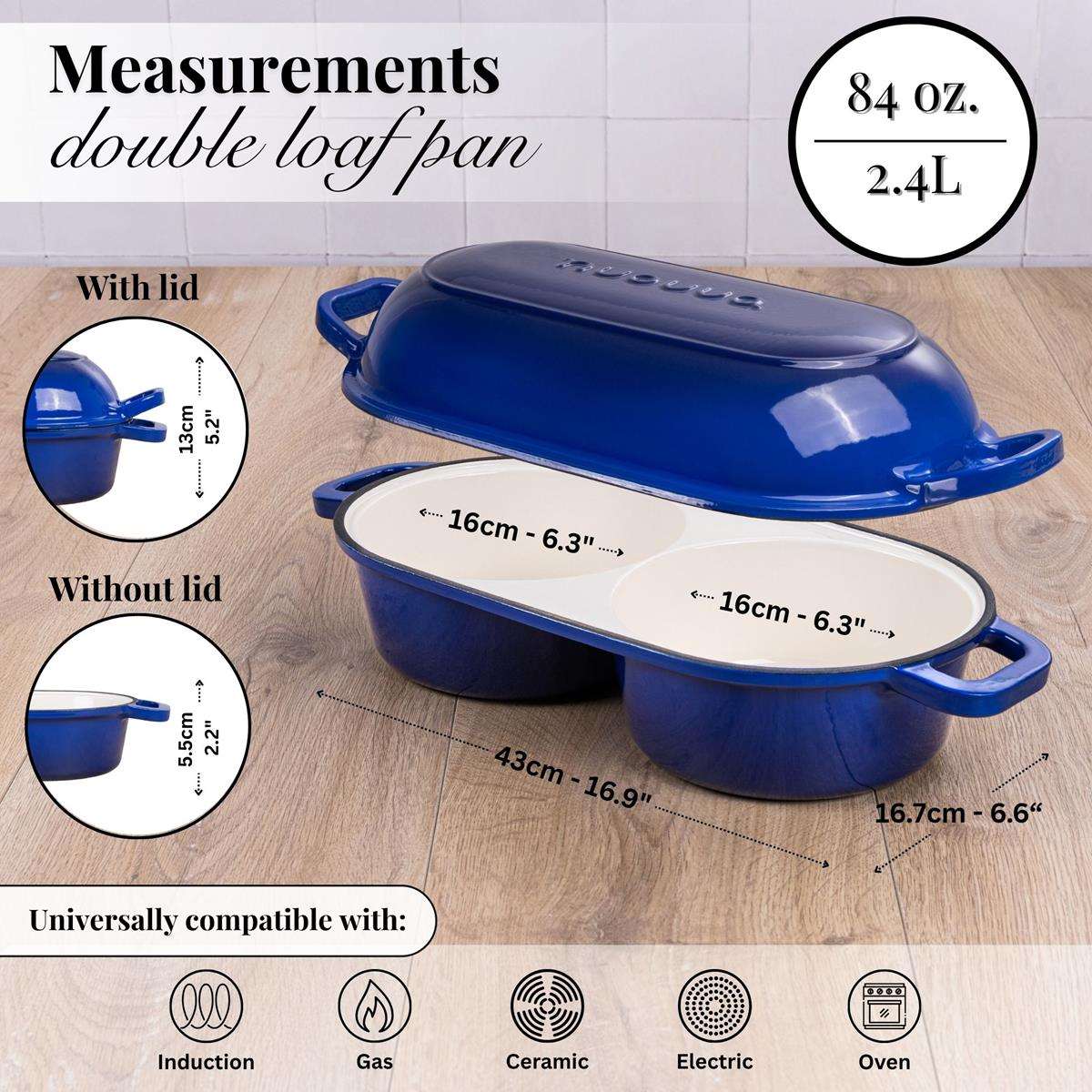 Measurements for Nuovva oven-safe cast iron double loaf pan with lid universally compatible with all stovetops.