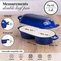 Measurements for Nuovva oven-safe cast iron double loaf pan with lid universally compatible with all stovetops.