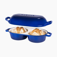 Nuovva enameled cast iron bread loaf pan with 2 compartments for efficient home made sourdough baking.