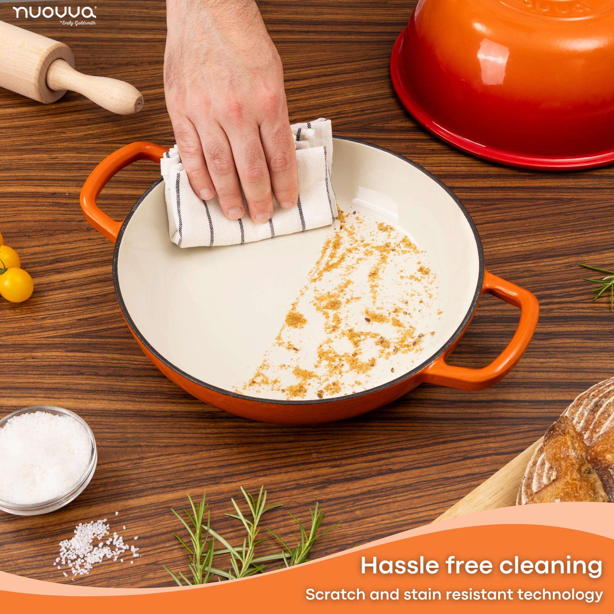 Orange enameled cast iron bread pan is easily cleaned with its scratch and stain resistant technology