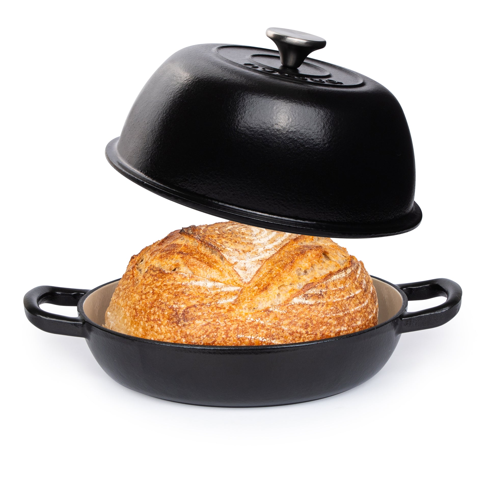 Nuovva enemalled black cast iron bread pan with lid and metal knob