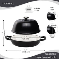 Nuovva black 26cm cast iron bread pan with lid (13cm) and 5.1kg in weight.