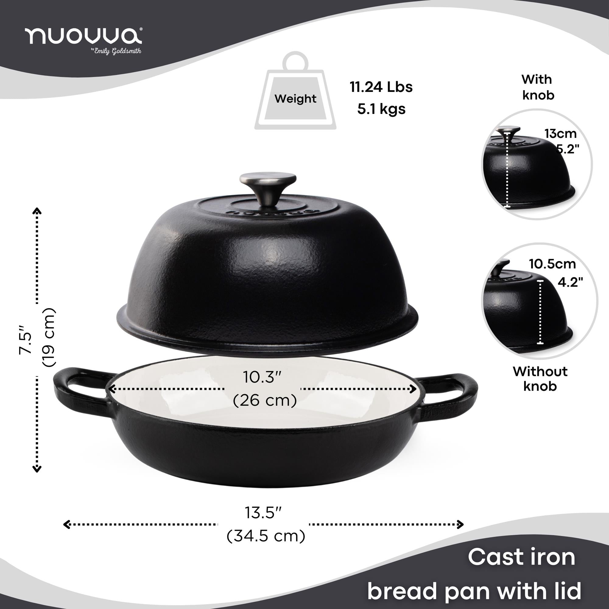 Nuovva black 26cm cast iron bread pan with lid (13cm) and 5.1kg in weight.