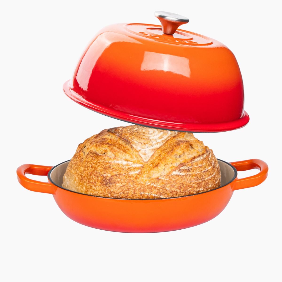 Nuovva enameled orange cast iron bread pan with lid and metal knob