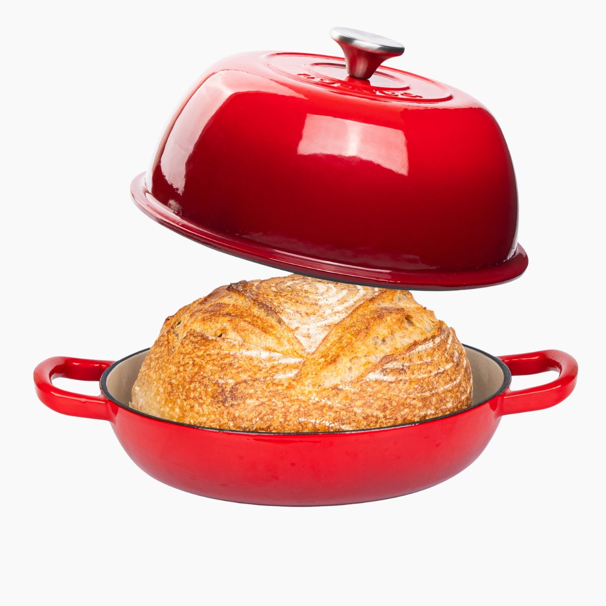 Nuovva red cast iron bread pan with self basting lid and metal knob