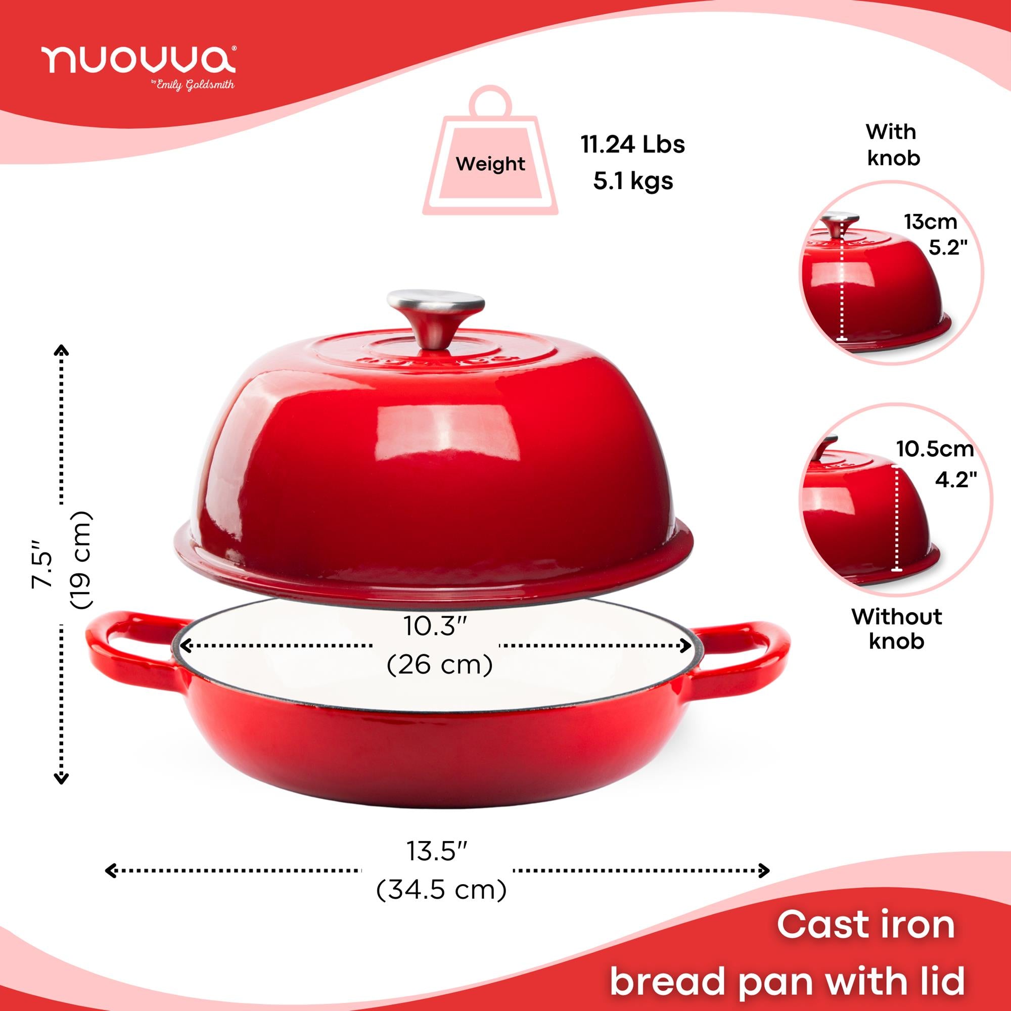 Nuovva red cast iron bread pan with lid infographics include measurements and weights