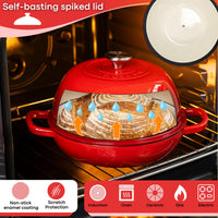 Nuovva red cast iron induction bread pan with self basting lid, oven safe cookware for all stovetops