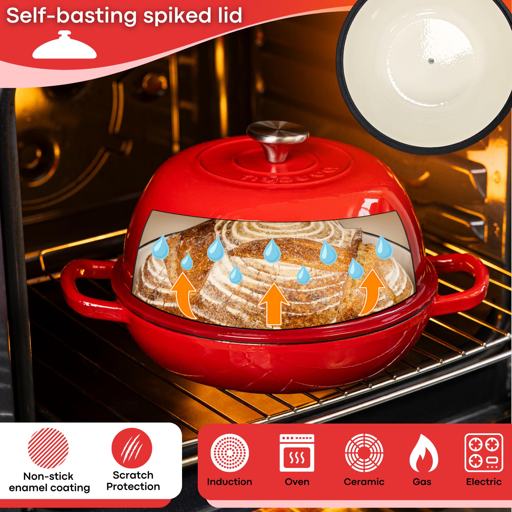 Nuovva red cast iron induction bread pan with self basting lid, oven safe cookware for all stovetops