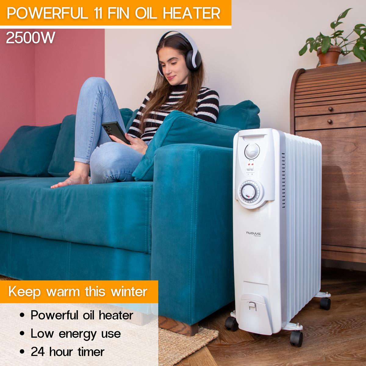 Powerful 11 fin oil heater radiator to keep warm with 24hour timer and low energy use