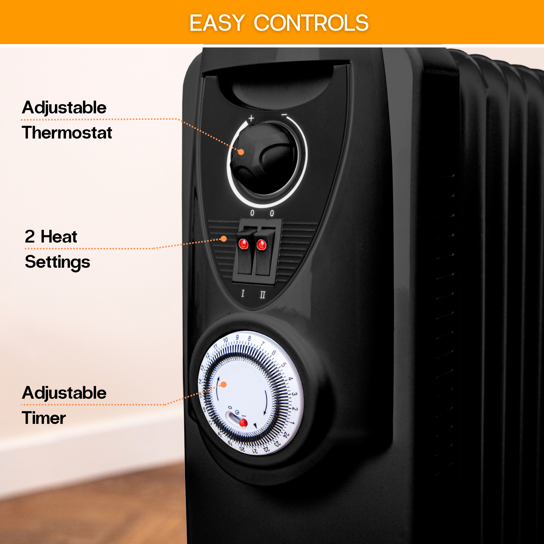 portable heater with easy controls including adjustable thermostat, 2 heat settings and an adjustable thermostat.