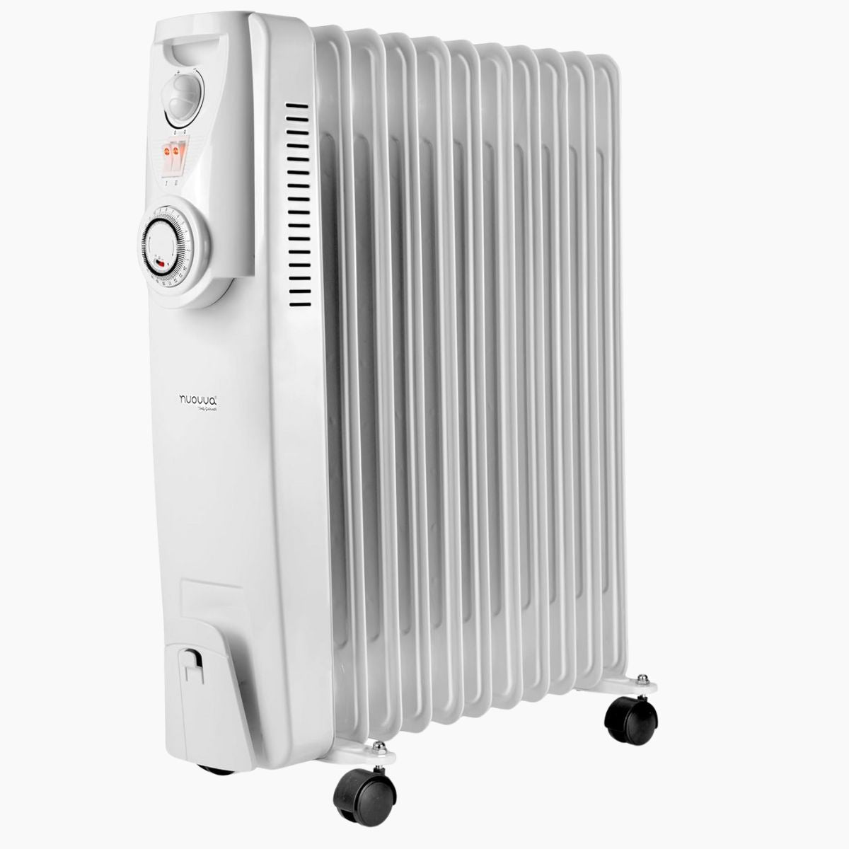 White portable radiator with wheels, control panel and adjustable thermostat