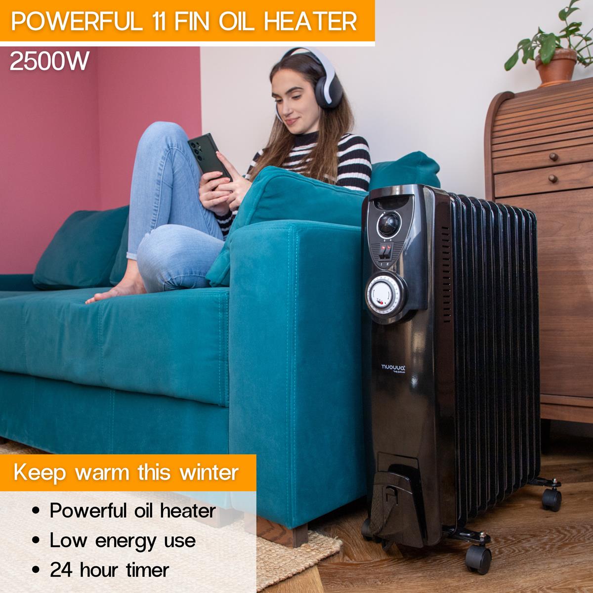 Powerful 11 fin portable heater with low energy use and 24 hour timer
