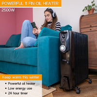 Powerful 11 fin portable heater with low energy use and 24 hour timer