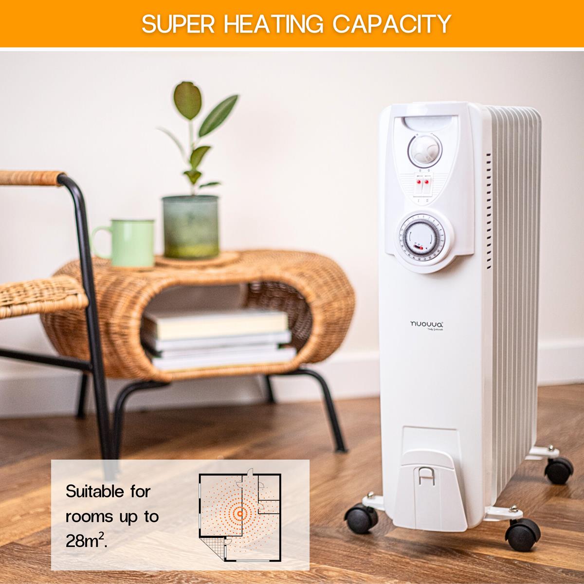 White oil-filled radiator heater with portability and super heating capacity for rooms up to 28m.
