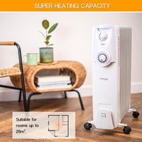 White oil-filled radiator heater with portability and super heating capacity for rooms up to 28m.
