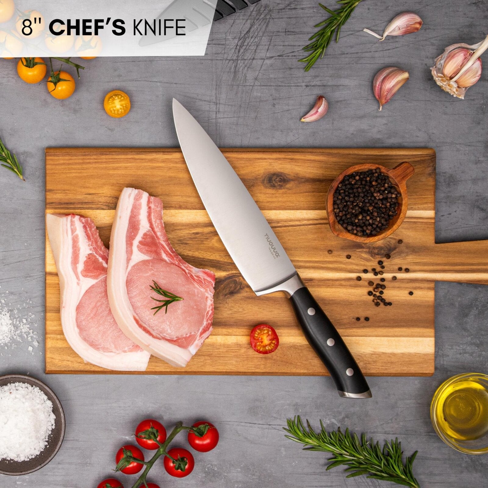 Nuovva stainless steel 8 inch chefs knife with ergonomic handle.