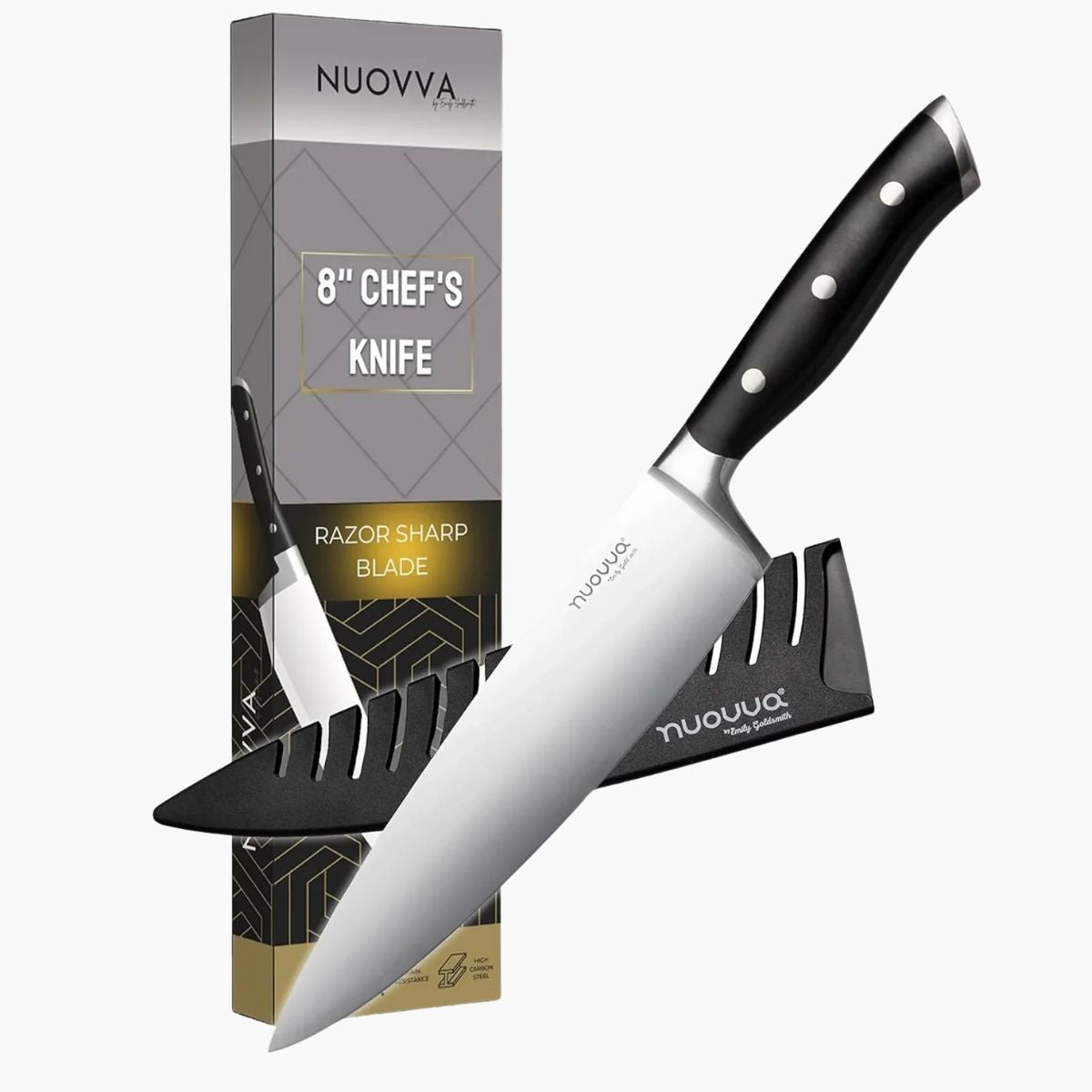 Nuovva 8inch stainless steel chefs knife with sheath and stainless steel blade.