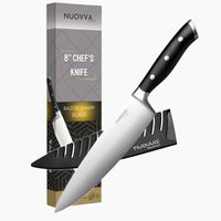 Nuovva 8inch stainless steel chefs knife with sheath and stainless steel blade.