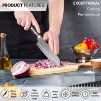 Nuovva high carbon stainless steel Santoku knife with edge retention for exceptional cutting performance.