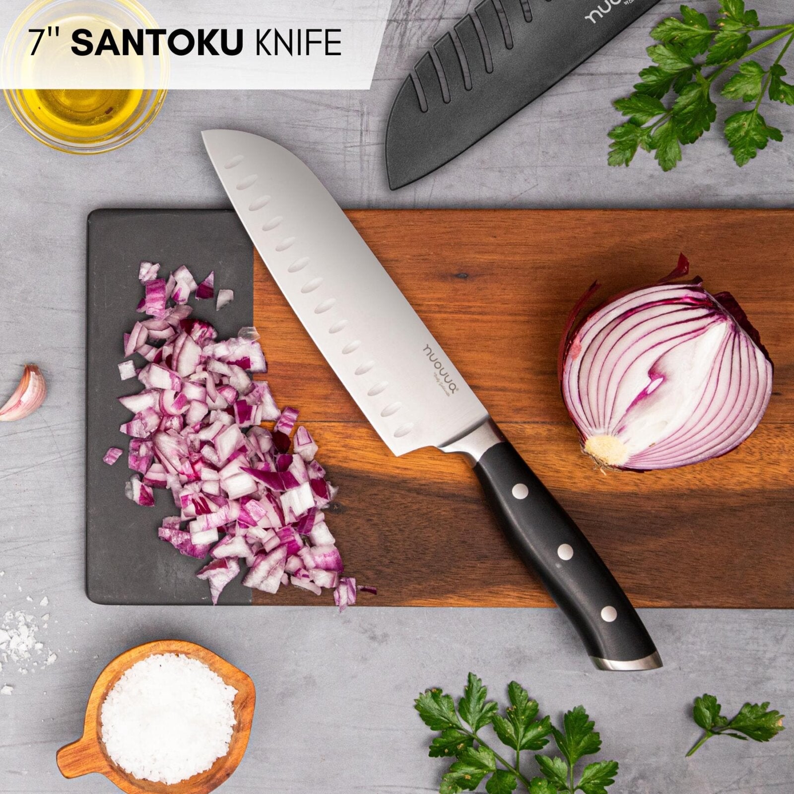 7" Stainless steel santoku knife with ergonomic handle and protective sheath