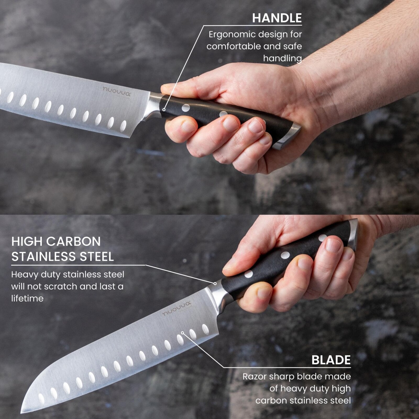 High carbon stainless steel kitchen knife with ergonomic design and razor sharp blade
