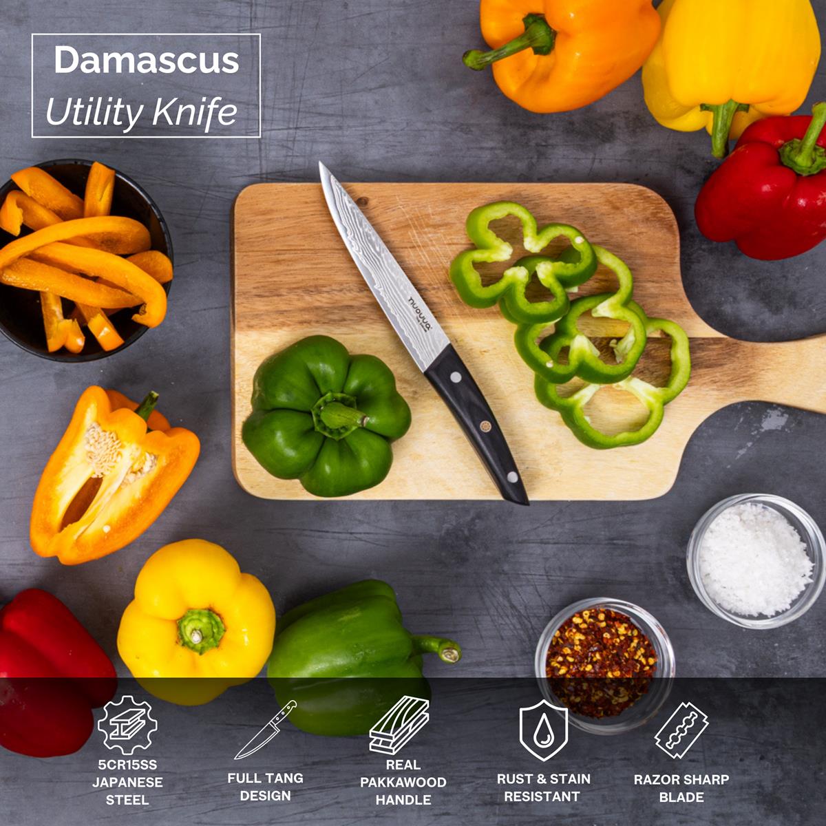 Nuovva Damascus Japanese steel utility knife with full tang design, real pakkawood handle and stain resistant razor sharp blades