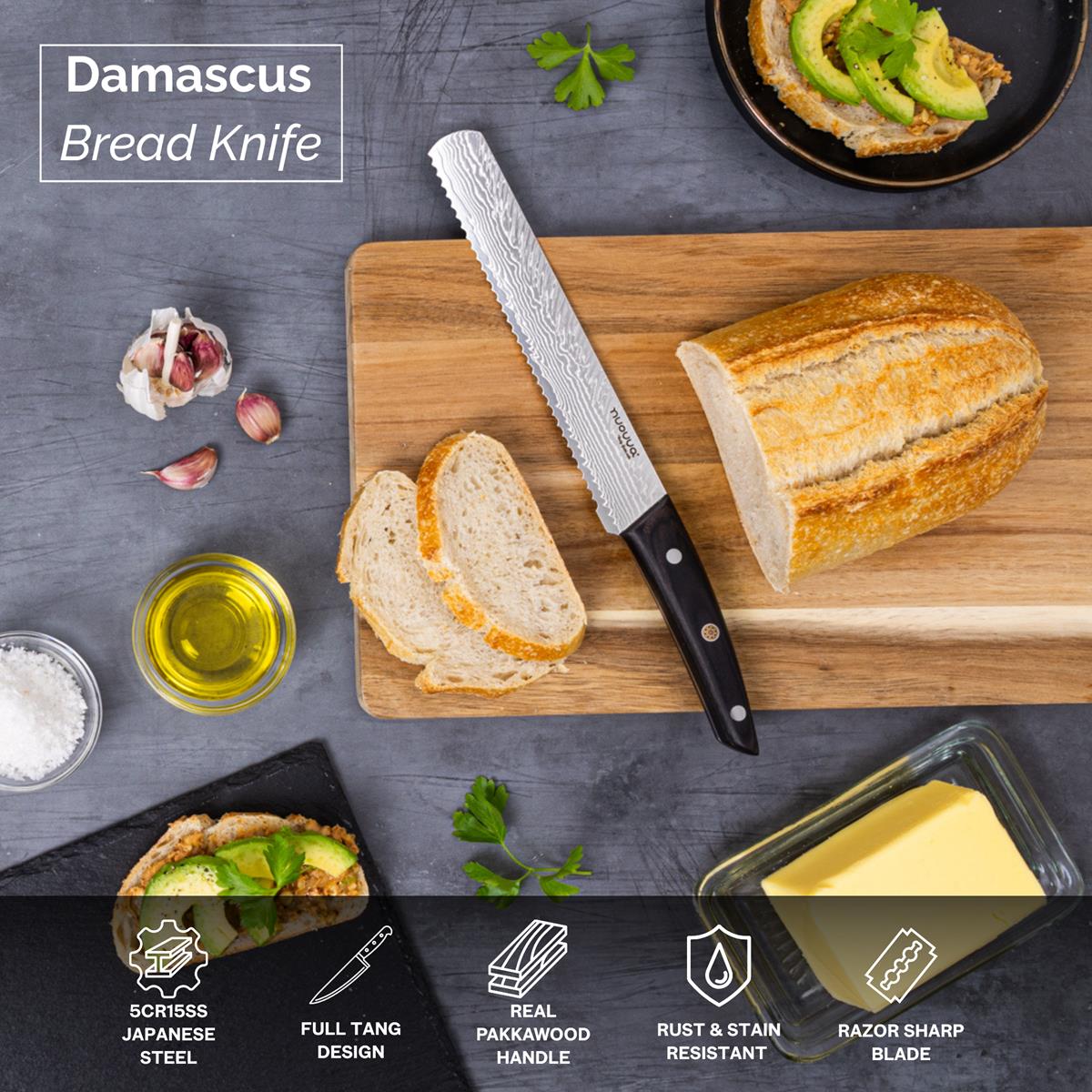 Nuovva Damascus steel Japanese bread knife with full tang design, real Pakkawood handle and razor sharp stain resistant blade.