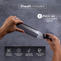 Nuovva Japanese chefs knife with sheath to prevent accidents, extend knife lifespan and safely store blades.