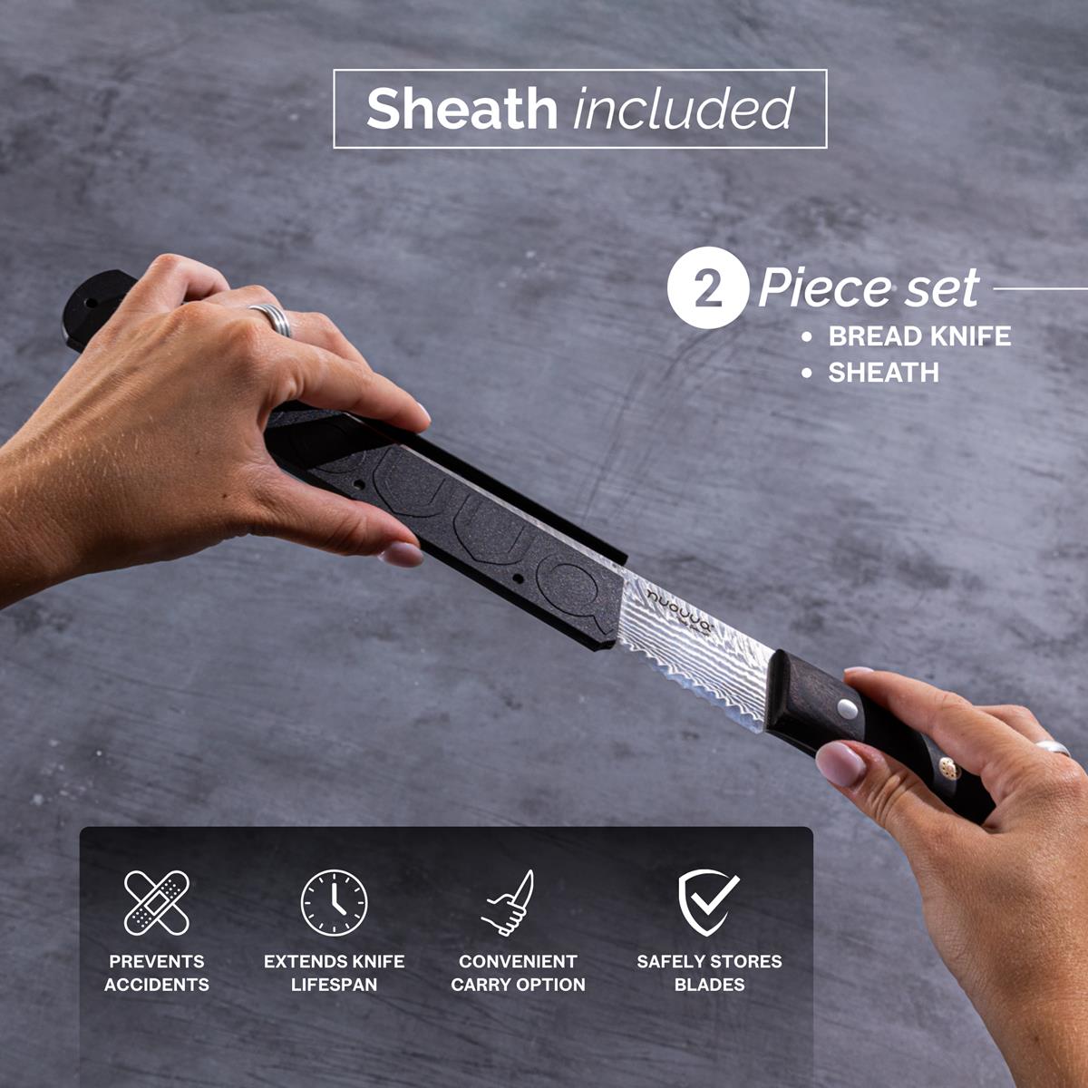 Nuovva Japanese bread knife with sheath to prevent accidents. extend knife lifespan and safely store blades.