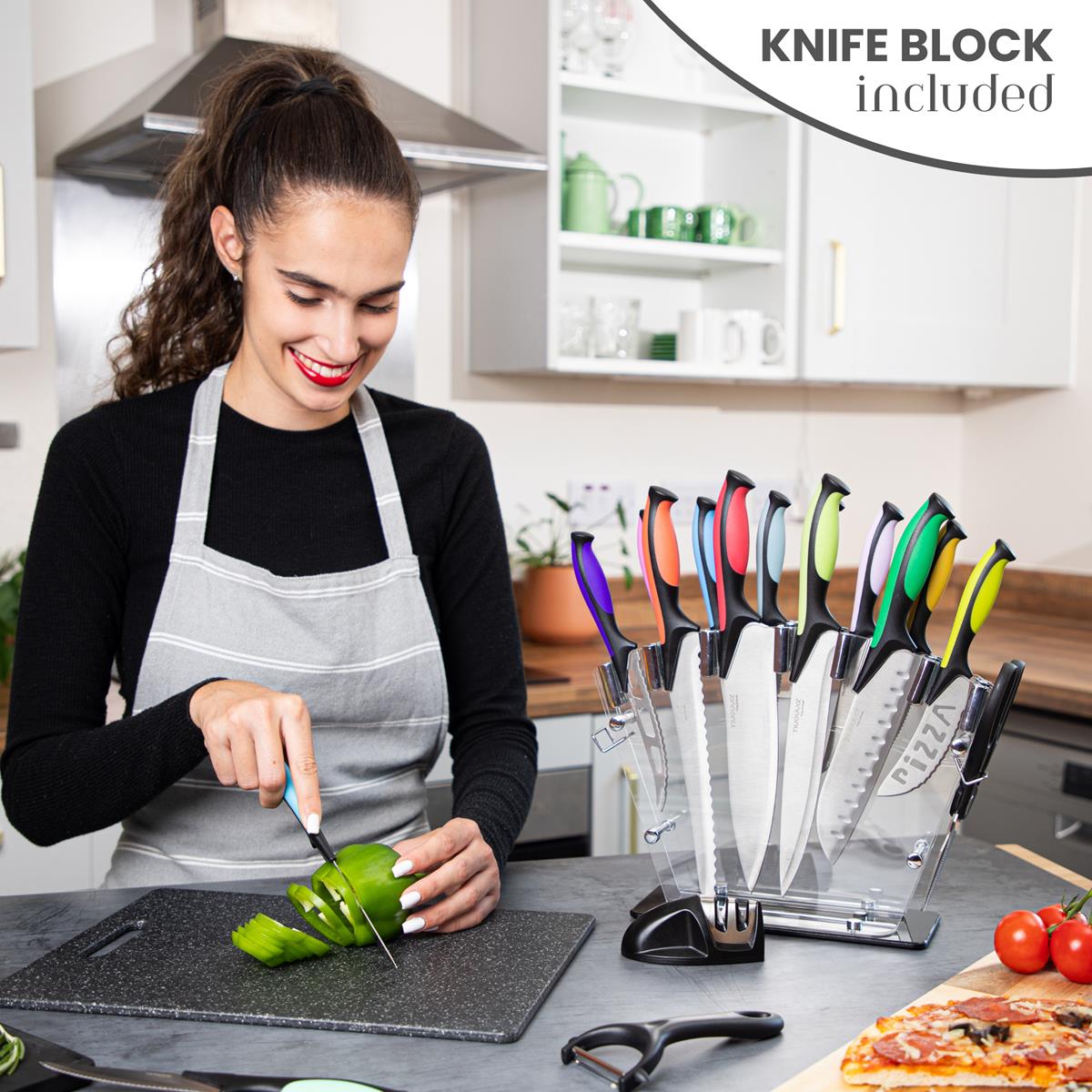 Kitchen Knife Set with Block, Sharpener, Peeler & Scissors - 17Pcs - Multicolour