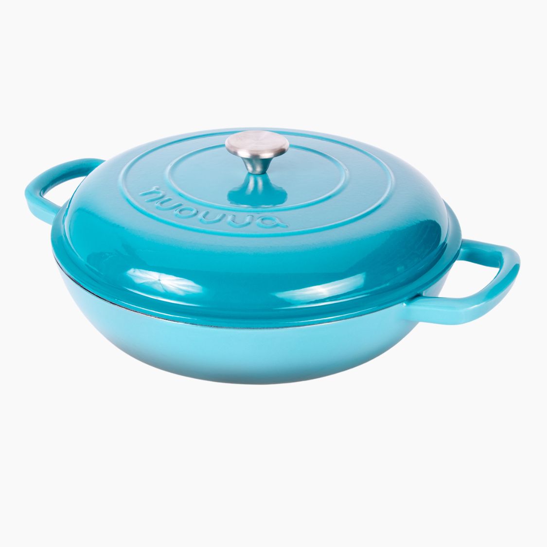 Nuovva light blue cast iron casserole dish with lid for induction cookware.