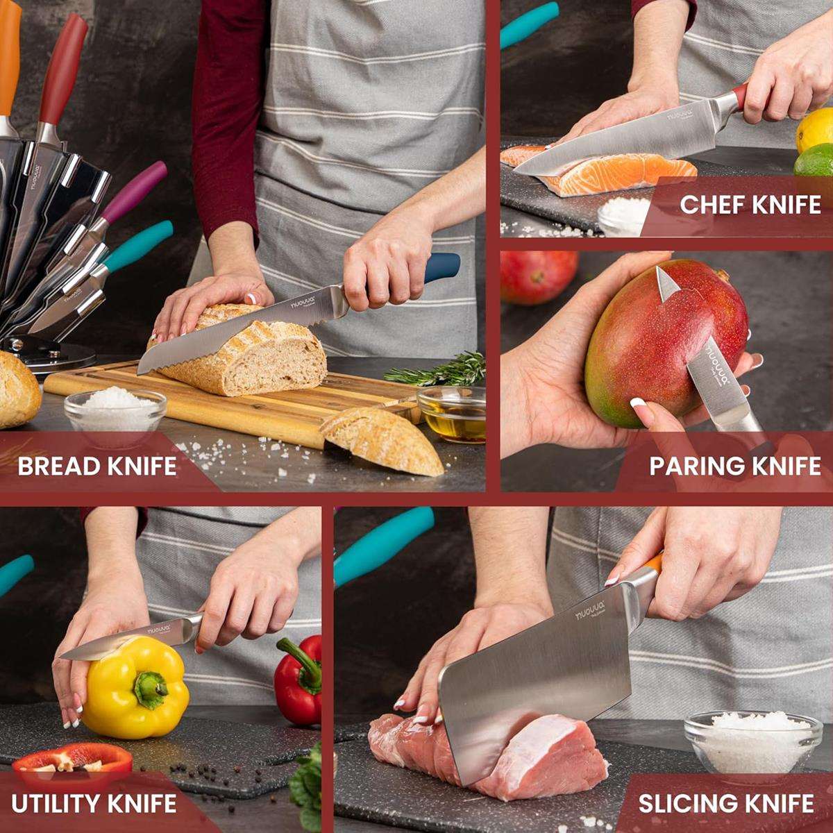 Multi-colour kitchen knife set with rotating block including bread knife, chef knife, paring knife, utility knife and slicing knife.