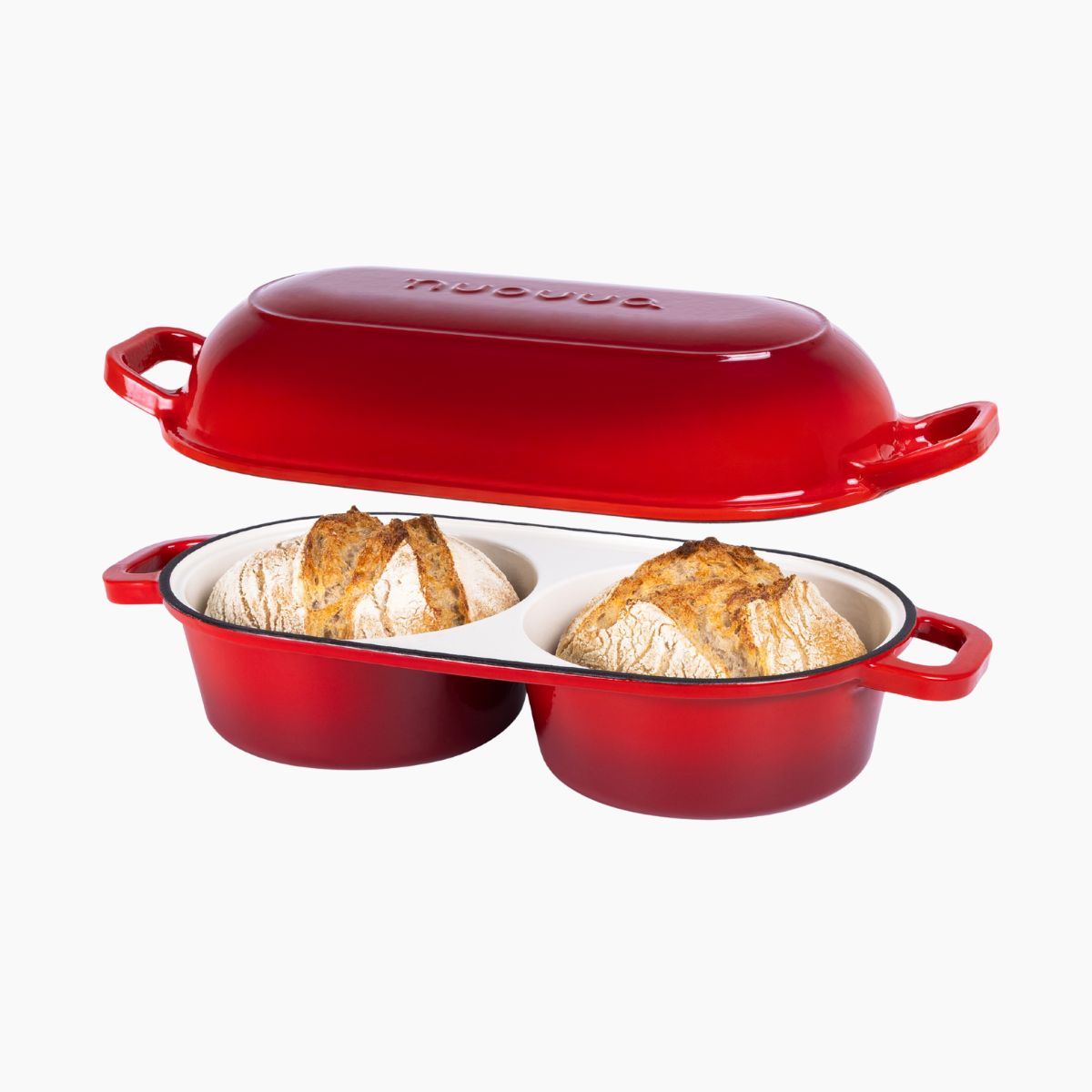 Enamelled Cast Iron Double Bread Loaf Pot, Non-Stick Dutch Oven, 16.5cm, Red