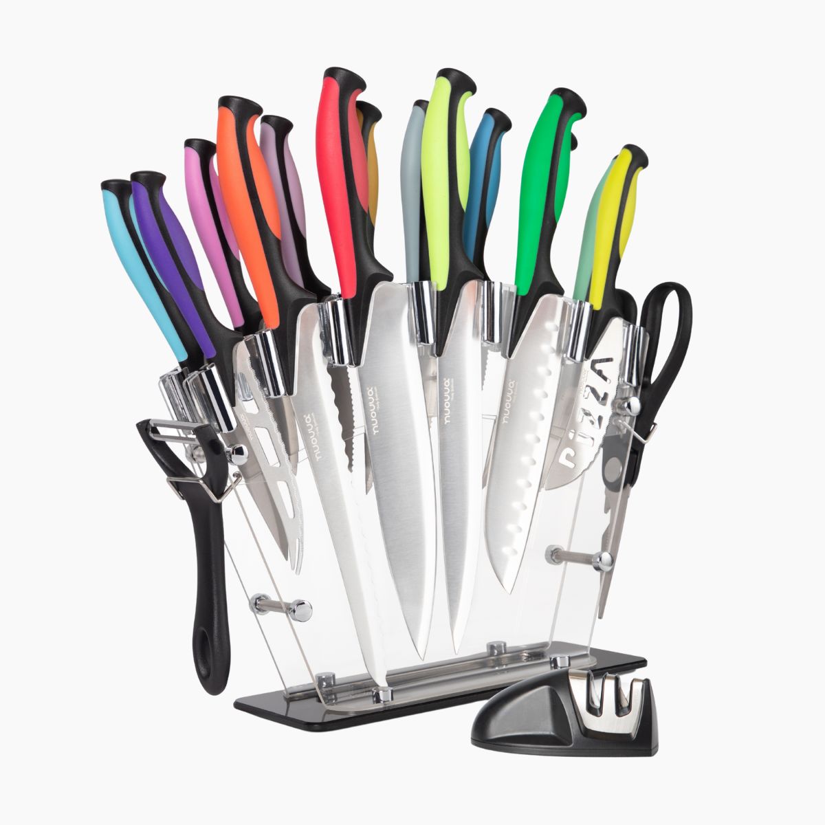 Kitchen Knife Set with Block, Sharpener, Peeler & Scissors - 17Pcs - Multicolour