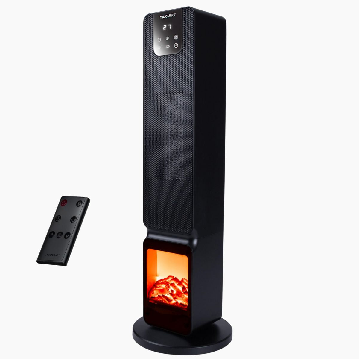 Ceramic Tower Heater with Fireplace Display and Remote - Black