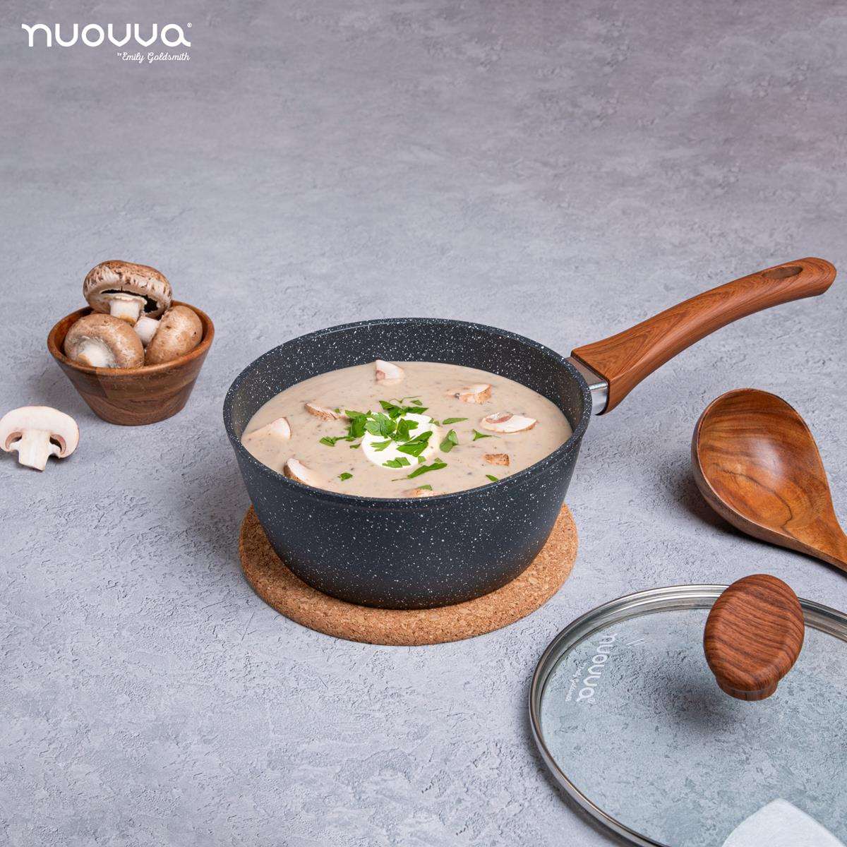 Non-stick grey granite saucepan with wooden handle and glass lid for stewing and cooking.