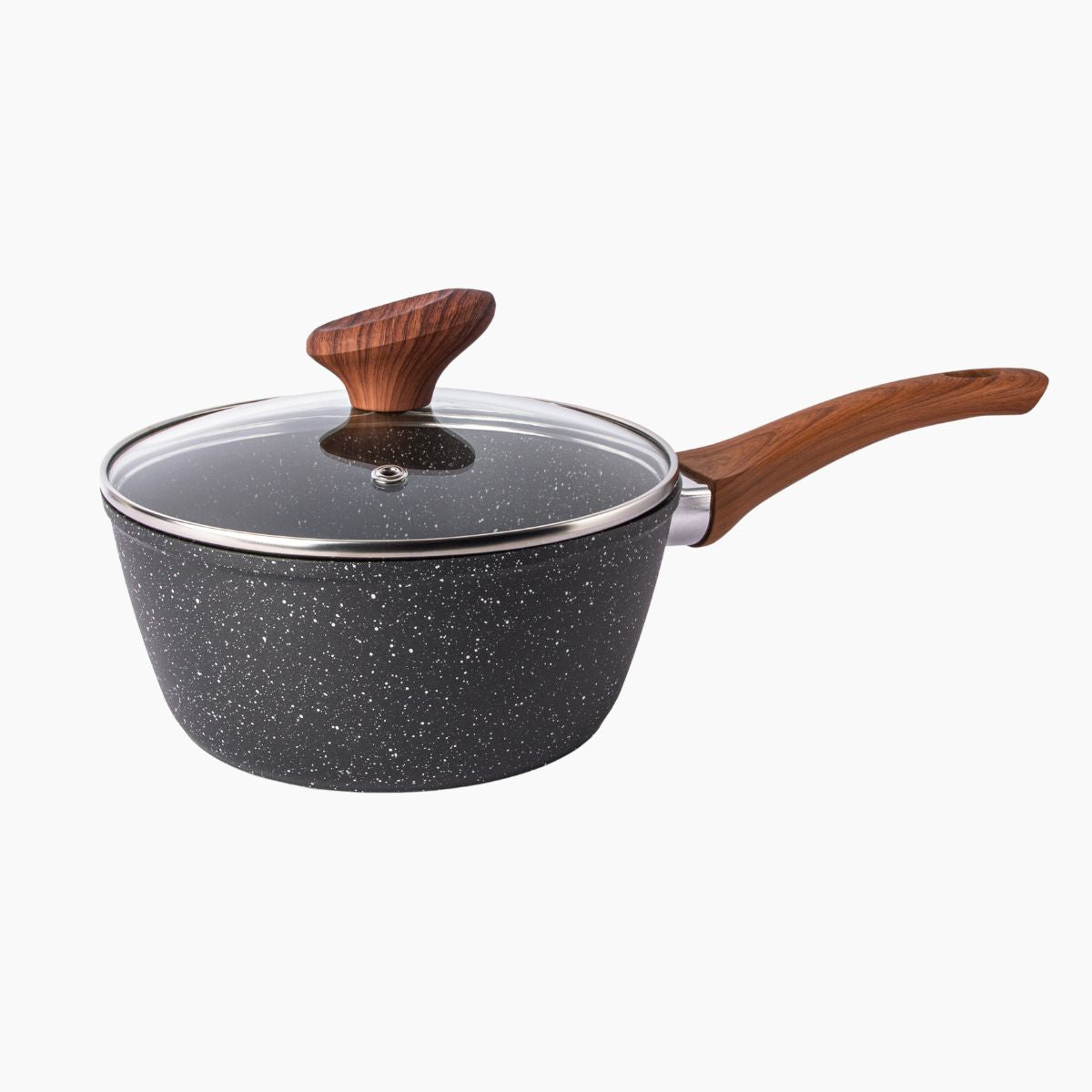 Grey granite saucepan with glass lid and wooden handles.
